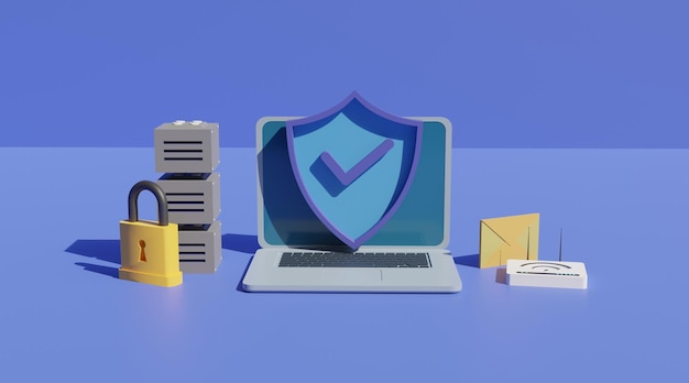 network security concept with secure badge and server computer . 3d illustration rendering render