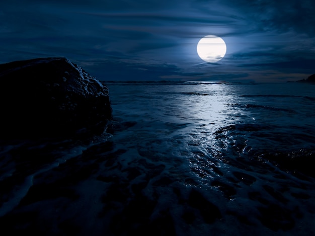 Night time over the ocean with rock and full moon