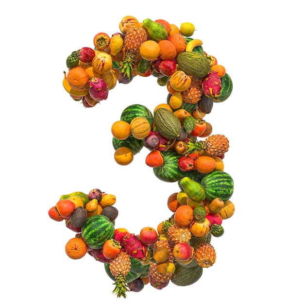 number 3 from fruits 3d rendering