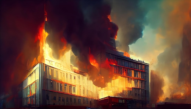 Ødelagt by i brann. Brann i brennende bygninger. Nukleær radioaktiv armageddon