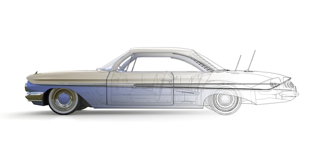 old american car three-dimensional computer illustration, combined with the technical contours of the model. 3d rendering.