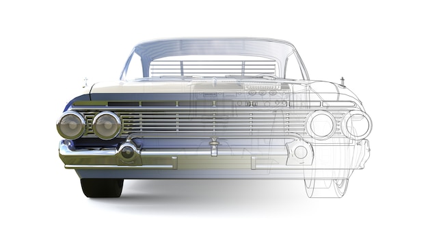 old american car three-dimensional computer illustration, combined with the technical contours of the model. 3d rendering.