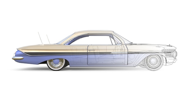 old american car three-dimensional computer illustration, combined with the technical contours of the model. 3d rendering.