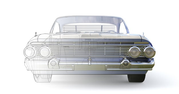 old american car three-dimensional computer illustration, combined with the technical contours of the model. 3d rendering.