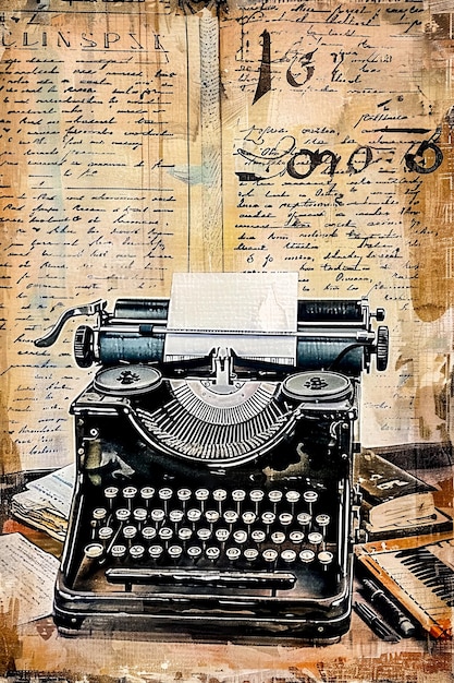 Old fashioned typewriter sitting on top of table next to pile of books