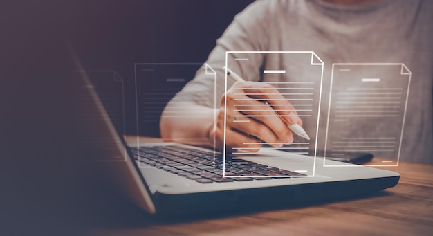 Online business contract esigning digital document management paperless office signing business contract document management electronic signature documents on digital concept
