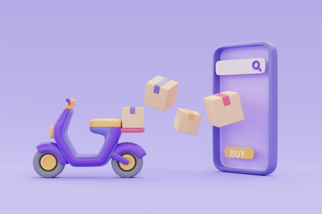 Online delivery service on smartphone Delivery scooter with parcel boxes on purple background 3d rendering