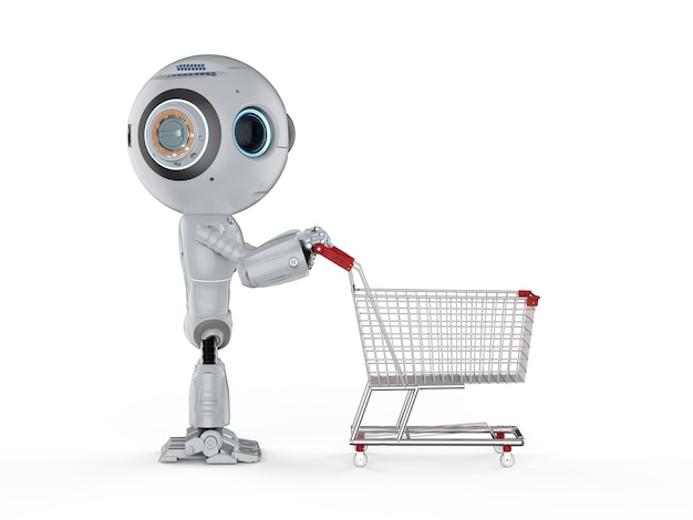 Online shopping concept with 3d rendering cute artificial intelligence robot with shopping cart