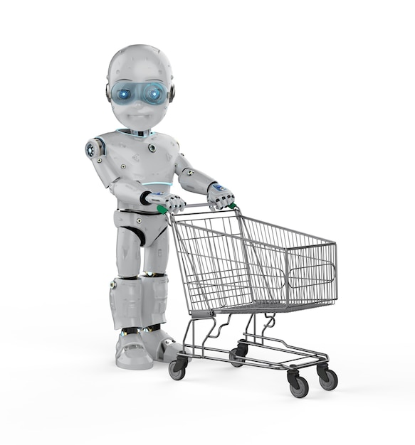 Online shopping concept with 3d rendering cute robot hold shopping cart
