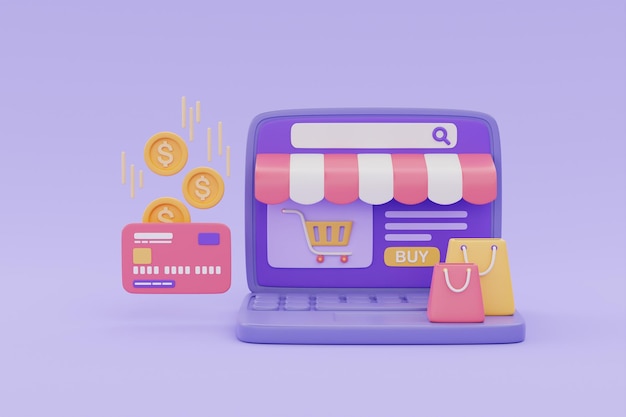 Online shopping store on laptop with shopping bags and credit card cash back or bonus coin 3d render