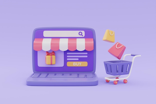 Online shopping store on laptop with shopping cart and bags floating on purple background 3d rendering