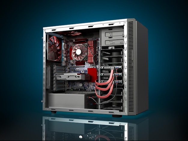 open PC case with internal parts motherboard cooler video card power supply HDD drives 3d render on darck blue