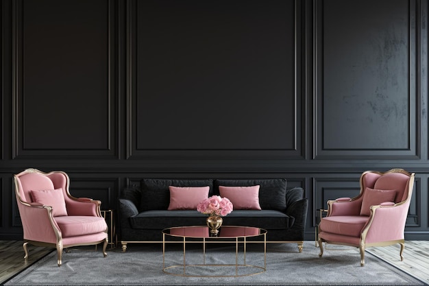 Opulent Living Room with Rose Pink Chairs and Gold Table Blank Space for Wallpaper or Paintings in