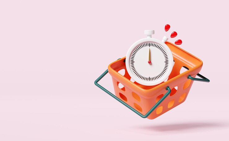 Foto orange shopping carts or basket with clock alarm stopwatch isolated on pink background announce promotion news last minute offer flat sales shopping 3d render illustration clipping path