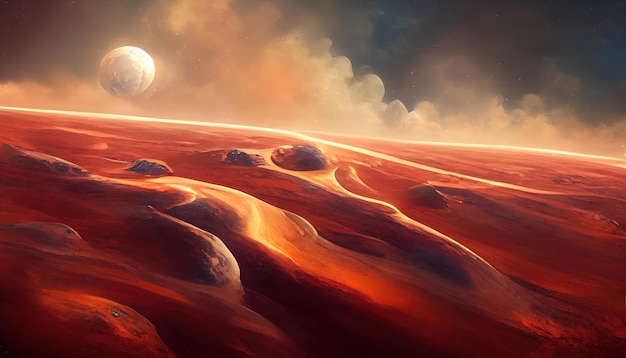 Overflaten på planeten Mars er en pittoresk ørken på den røde planeten. Bakgrunn for romspill-coverplakat med røde fjell, stjerner og 3D-gjengivelse.