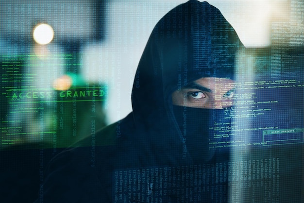 overlay hacker and portrait of man for programming coding and information technology in dark cybersecurity computer interface and person with password for online crime fraud and install virus