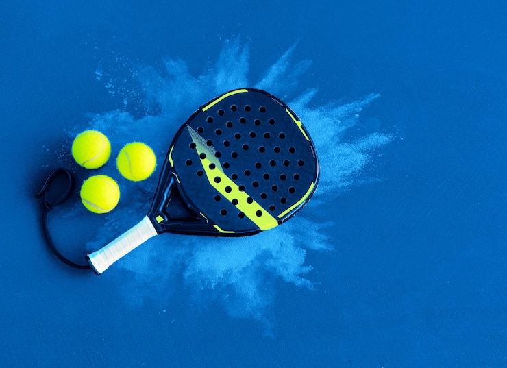 Foto padel tennis racket background with copy space sport court and balls