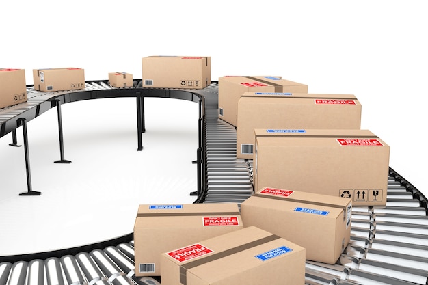 parcels transportation system concept. cardboard boxes on conveyor in warehouse on a white background. 3d rendering