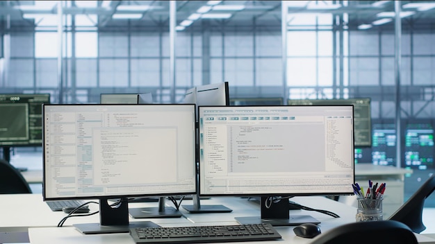 PC monitors on desk used for checking potential system failures in server room
