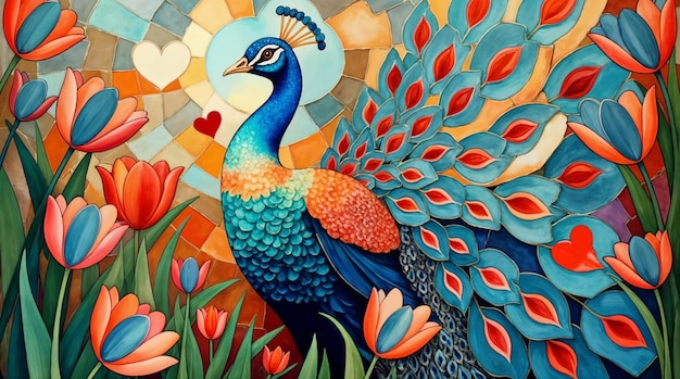 Peacock and Tulips: A Vibrant Floral Stained Glass Painting