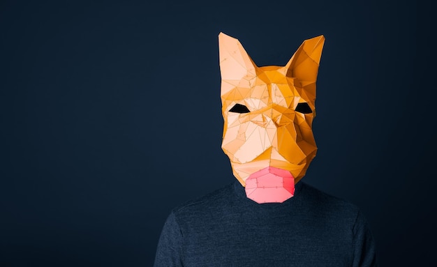 Person med fransk bulldog origami-maske mot blå bakgrunn
