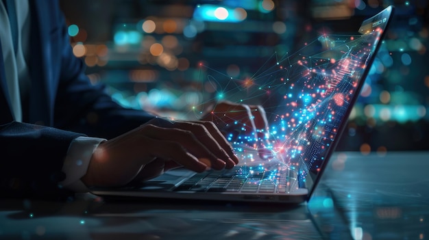 person working on a laptop with glowing connections
