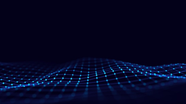 perspective distorted blue grid digital background with wireframe wave vector curve surface