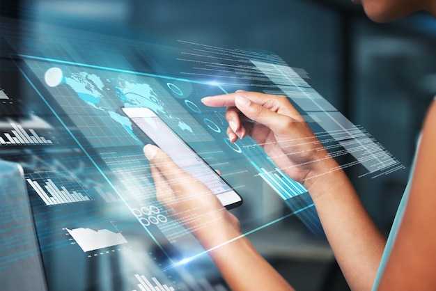 Phone hologram chart hands or woman review finance hud stock market database or future global economy Forex investment dashboard online data analysis or night trader trading NFT or bitcoin crypto