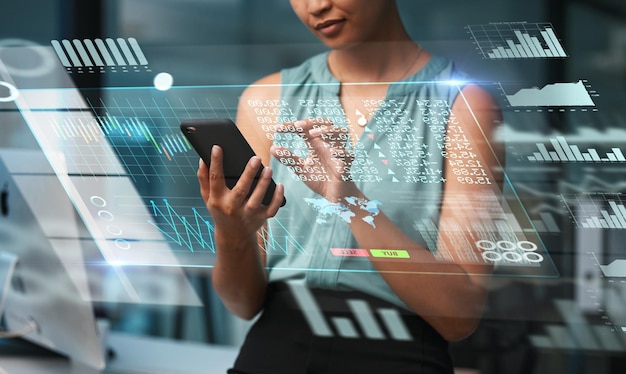 Phone hologram stock market or woman hands review finance chart future IPO database or economy ui hud Forex investment dashboard online data analysis or night broker trading NFT or bitcoin crypto
