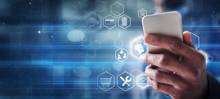 Foto phone networking and digital transformation with hands of man and mockup for social media notification future internet or app hologram and cloud computing with 3d icon for technology data or iot