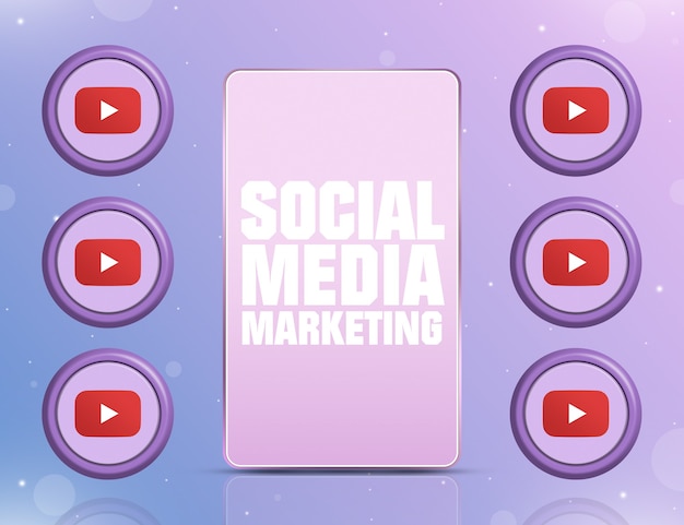 Phone with SMM on the screen and icons of the social network Youtube around 3d