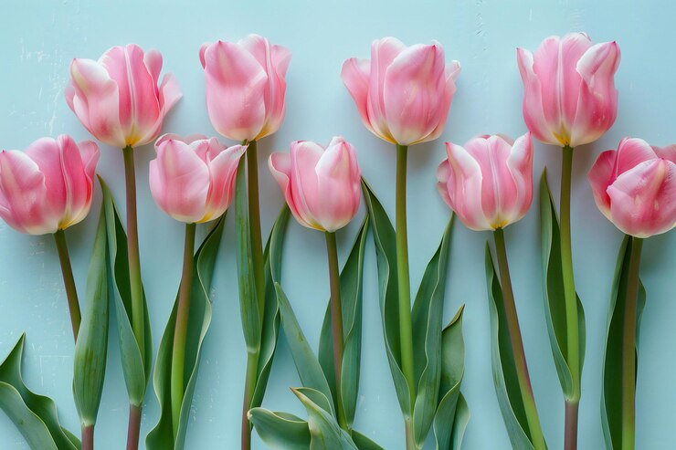 Picture a row of pink tulips on a light blue background in a flat lay style