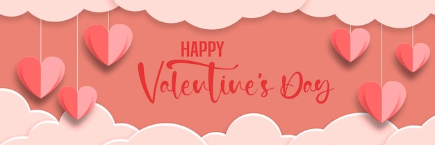 Pink background with red hearts and clouds Concept banner mockup template Valentines Day Copy space