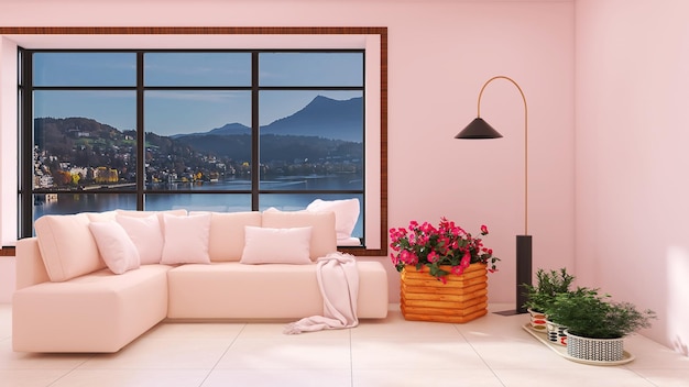 Pinkish color modern living room interior design 3D rendering