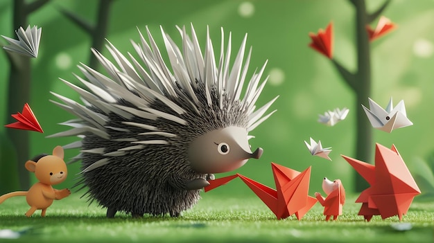 Playful Porcupine and Origami Friends in a Whimsical Forest Scene