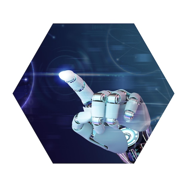 png ai robot hand pointing finger badge sticker futuristic technology remixed media photo in hexagon shape transparent background