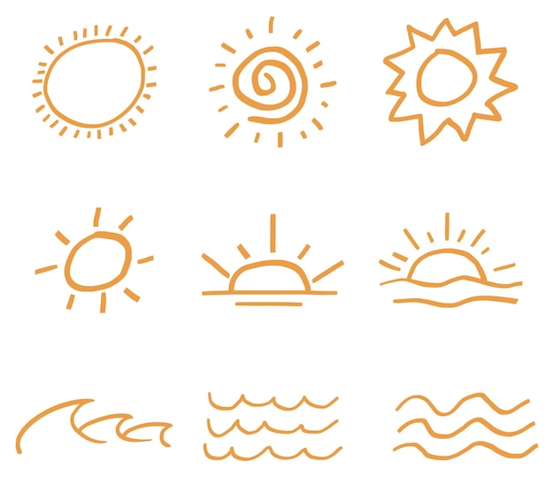 Png summer sunset and waves stickers doodle set in orange