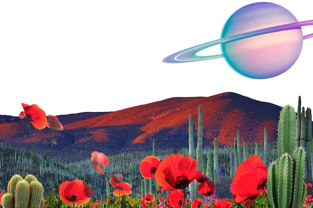 Png surreal landscape border Saturn remixed media transparent background