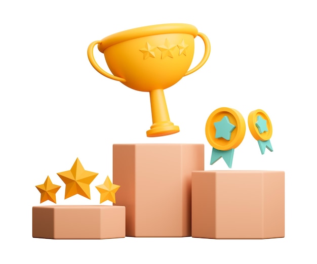 podium med gyllen pokal Gullmynter stjerner plasserer vinnende premier på seremoni 3D-rendering illustrasjon