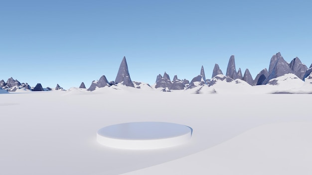 Podium on the background of a beautiful snowy landscape. 3D render.