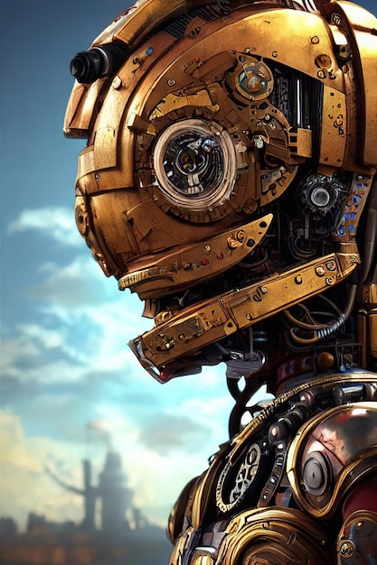 Portrait of a retro steampunk robot The robot poses in an astronaut costume and a space helmet Digital art style illustration painting