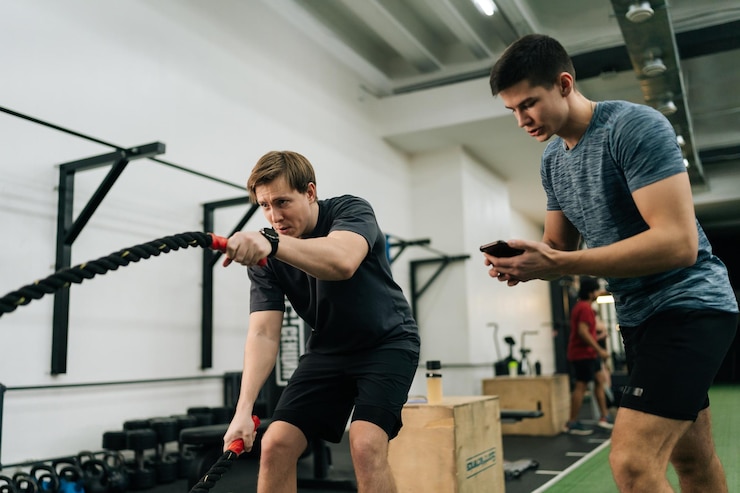 Foto portrait of dedicated sportsman exercising with battle rope while coach encouraging during cross
