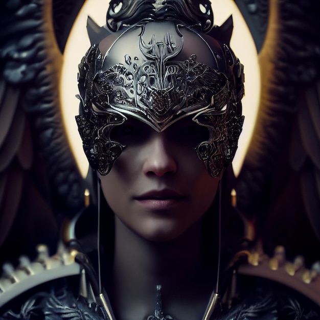 Portrait of warrior woman in armor and helmet