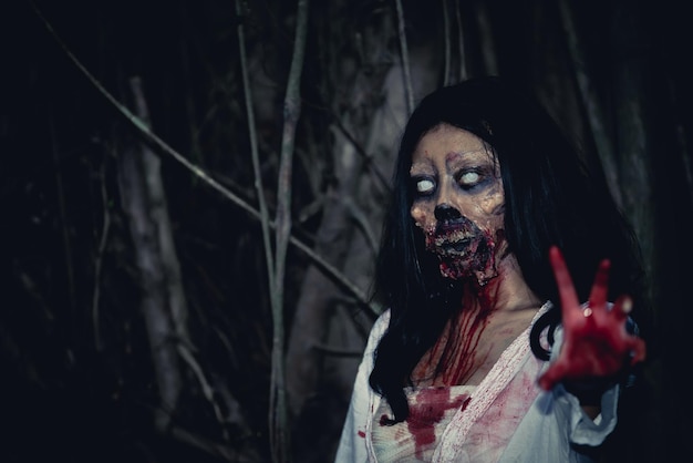 Portrett av asiatisk kvinne sminket som et spøkelse med blod. Skrekkscene. Skummel bakgrunn. Halloween-plakat. Thailandske folk