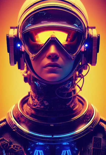 Portrett av en mann med et cyberpunk-headset, virtuelle neonbriller og cyberpunk-utstyr