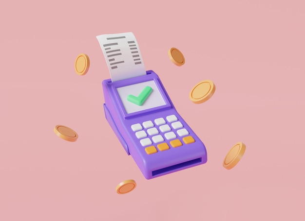 pos terminal with receipt and coins pos terminal payment concept online shopping electronic bill payment money transactions online credit card reader 3d icon rendering illustration