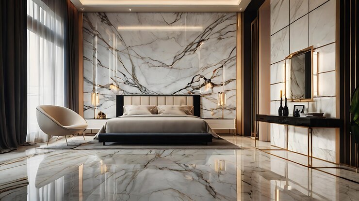 Premium modern bedroom interior design with marble tiles premium lights and wooden covered room for