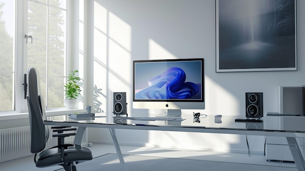 Present an image of a minimalist office setting with a glass desk
