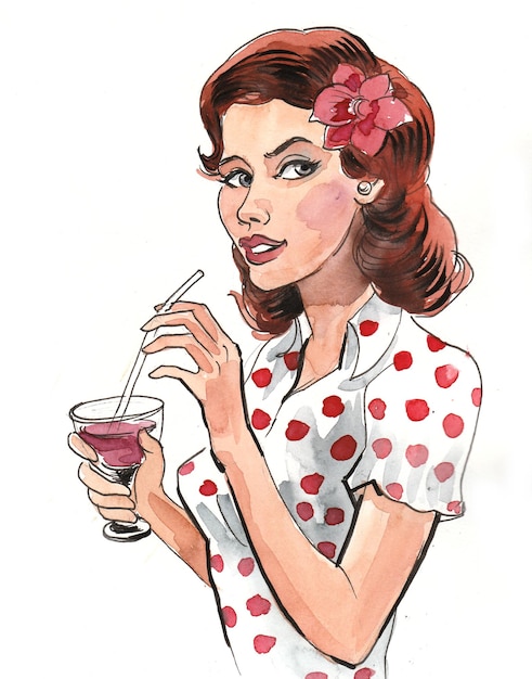 Pretty woman drinking a cocktail with a straw. Ink and watercolor drawing