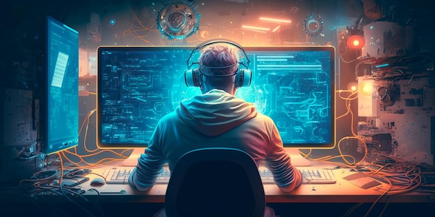 Programmer working behind computer modern interior Generative AI